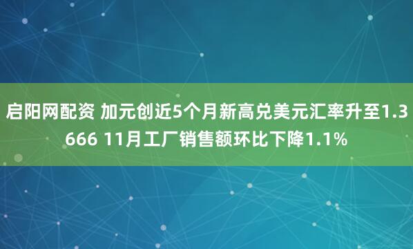 启阳网配资 加元创近5个月新高兑美元汇率升至1.3666 11月工厂销售额环比下降1.1%